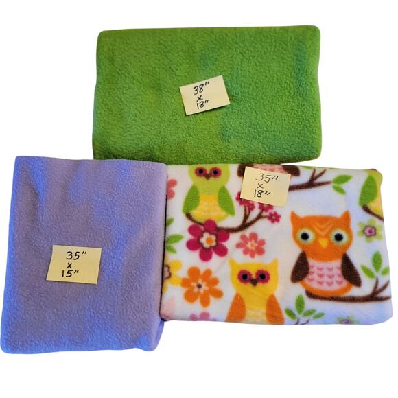 3 Fleece Fabric Soft Remnants Owl Print Green Purple Solid Colors Sewing Lot - Picture 1 of 12